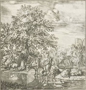 Berger et bergère avec troupeau près d