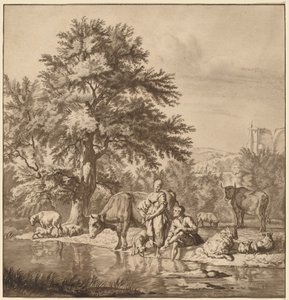 Berger et bergère avec leur troupeau