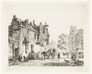 Vue de ville avec charrette à cheval - Cornelis Springer