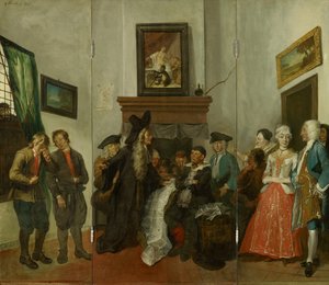 Triptyque représentant le tribunal paysan de la comédie « Beslikte Swaantje » - Cornelis Troost