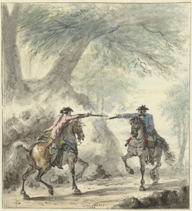 Deux cavaliers se rencontrant sur un chemin forestier et se tirant dessus - Cornelis Troost