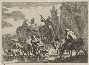 Bergers avec du bétail traversant un ruisseau (Paysages)