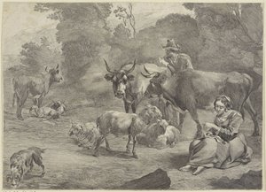 Paysage avec un berger et une bergère cousant - Cornelis Visscher (II)