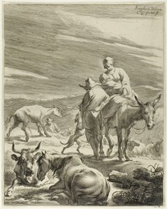 Une mère et un enfant emmailloté chevauchant un âne, planche 4 de Four Landscapes