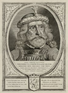 Dirk I, comte de Hollande, en armure. Le cadre est décoré des armoiries de la Hollande. NL-HlmNHA 1477 53012894 - Cornelis Visscher