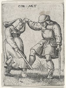 Un homme avec un pied bandé dansant avec une femme, 1572 (gravure sur papier vergé)