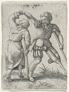 Un homme avec une jambe de bois tournant une femme boiteuse sous son bras, 1572 (gravure sur papier vergé)