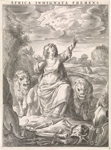 Personnification féminine du continent africain comme femme avec peau de lion assise entre des lions (Africa indignata fremens, série: Quatre continents) - Cornelis van Dalen (II)