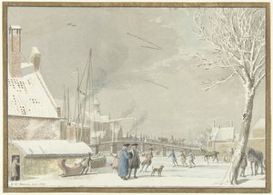 Canal de ville gelé avec patineurs - Cornelis van Noorde
