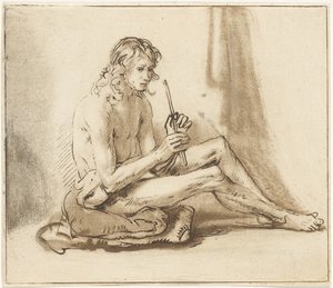 Homme nu assis avec flûte
