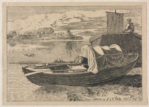 Bateaux sur une rivière, moulin à vent au loin - Cornelius Varley