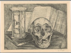 Nature morte avec un crâne, un sablier, un livre et un couteau - Corrie Pabst (signed by artist)