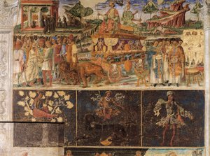 Triomphe de Jupiter et Cybèle et Signe du Lion, scènes du Mois de Juillet, fresque, mur nord, Salle des Mois, Palazzo Schifanoia (Palais de la Joie), Ferrare, Italie, vers 1470