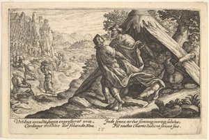 Ivresse de Noé : Sem et Japhet couvrent le corps nu de Noé, qui est allongé dans une tente, 1612 - Crispijn de Passe I