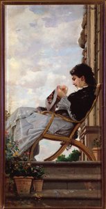 Femme cousant sur la terrasse - Cristiano Banti
