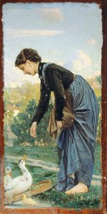 Jeune femme nourrissant un canard, par Cristiano Banti - Cristiano Banti