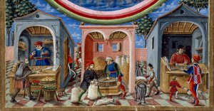Détail de marchands vendant divers articles : à gauche, un marchand de fruits et légumes, au centre un meunier moulant du grain (Miniature, vers 1470)