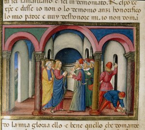 Jésus est interpellé près du temple de Salomon par des Juifs qui lui demandent de prouver son identité Miniature de Cristoforo De Predis