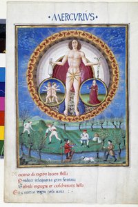 Mercure avec les signes du zodiaque de la Vierge et des Gémeaux. En bas, des paysans travaillant dans les champs. Miniature réalisée par Cristoforo de Predis (v. 1440-v. 1486) - dans 