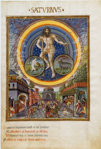 Saturne avec les signes du zodiaque du Verseau et du Capricorne. Les scènes de jeu et son influence sur les hommes