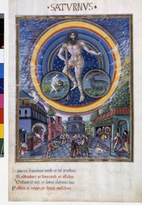 Saturne avec les signes du zodiaque du Verseau et du Capricorne. En bas, les scènes de jeu et son influence sur les hommes. Miniature réalisée par Cristoforo de Predis (v. 1440-v. 1486) - dans 