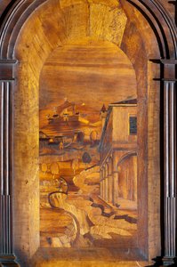 Paysage, Intarsia (détail du chœur en bois)
