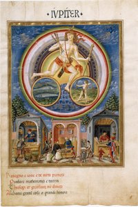 Jupiter avec les signes du zodiaque des poissons et du Sagittaire. Marchands vendant divers articles. (miniature, vers 1470)