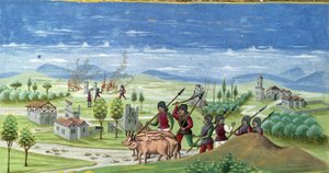 Pillage pendant la guerre. détail de « Influence du Soleil » : La Guerre. Miniature réalisée par Cristoforo de Predis (v. 1440-v. 1486) - dans « De Sphaera » d