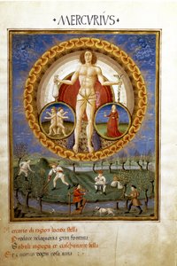 Mercure avec les signes du zodiaque de la Vierge et des Gémeaux. Paysans travaillant dans les champs (miniature, vers 1470)