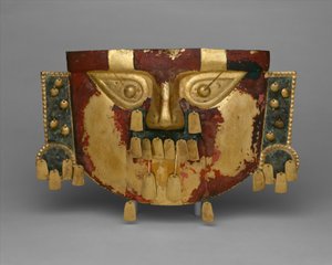 Masque funéraire péruvien, 900-1100 après J.-C. (or, argent-cuivre, cinabre) - Culture Sicán