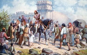Charles IV saluant les gens ordinaires lors de son expansion des fortifications de Prague en 1361, carte postale du début du XXe siècle - Czech School