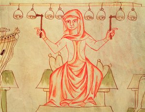 Ms XXIII C.124 Musicien jouant des cloches, de la Bible de Velislav, vers 1340 - Czech School