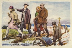 Personnes marchant dans un paysage enneigé - Czech School