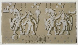 Bas-Relief de Guerriers Aztèques Anciens, de la Pierre de Tizoc Commemorant un Souverain Tenant ses Captifs par la Tête - D.K. Bonatti