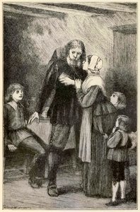 Christian confie à sa femme de The Pilgrims Progress From This World, To That Which Is To Come par John Bunyan (1628-1688) illustration par Thomas Dalziel (1823-1906) Christian avec le lourd fardeau - Dalziel Brothers