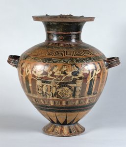 Hydrie à figures noires représentant les Néréides pleurant Achille, vers 560-550 av. J.-C.
