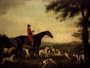 Chasseur avec des chiens dans un paysage