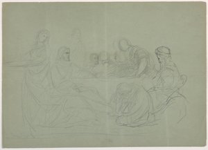 Dessin, Marie lavant les pieds du Christ, plusieurs hommes assis à une table ; verso : notes, 1852