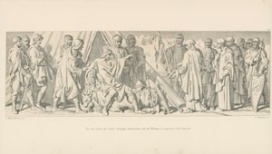 La veille de la bataille. Un chevalier, avec des moines, envoyé par Guillaume pour négocier avec Harold