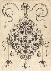 Grand pendentif, en forme circulaire, homme nu flanqué de deux hermès - Daniel Mignot