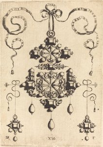 Pendentif avec deux doubles croix, entouré de quatre pierres en forme de losange, cinq pierres de table et treize perles