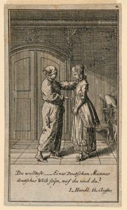 Un père ou tuteur parlant à une fille, illustration de la pièce "Nicht mehr als sachs Schuesseln" de Fredrich Wilhelm Grossman dans "Königl: Grosbrit [anische] Genealogischer Kalender auf das 1782 Jahr Lauenberg bey J.G. Berenberg" - Daniel Nikolaus Chodowiecki