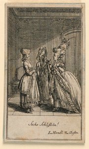 Une femme âgée grondant une fille, illustration de la pièce "Nicht mehr als sachs Schuesseln" de Fredrich Wilhelm Grossman dans "Königl: Grosbrit [anische] Genealogischer Kalender auf das 1782 Jahr Lauenberg bey J.G. Berenberg" - Daniel Nikolaus Chodowiecki