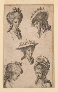 Cinq coiffures portées par les femmes de Berlin, illustration pour "Königl: Grosbrit [anische] Genealogischer Kalender auf das 1783 Jahr Lauenberg bey J.G. Berenberg" - Daniel Nikolaus Chodowiecki