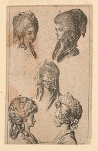 Cinq coiffures portées par les femmes de Berlin, Illustration pour "Königl: Grosbrit [anische] Genealogischer Kalender auf das 1782 Jahr Lauenberg bey J.G. Berenberg" - Daniel Nikolaus Chodowiecki