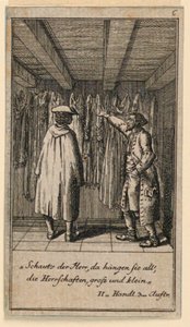 Le marchand de costumes, illustration de la pièce "Nicht mehr als sachs Schuesseln" par Fredrich Wilhelm Grossman dans "Königl: Grosbrit [anische] Genealogischer Kalender auf das 1782 Jahr Lauenberg bey J.G. Berenberg"