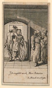 Le couple âgé terminant fièrement une visite, illustration de la pièce "Nicht mehr als sachs Schuesseln" par Fredrich Wilhelm Grossman dans "Königl: Grosbrit [anische] Genealogischer Kalender auf das 1782 Jahr Lauenberg bey J.G. Berenberg" - Daniel Nikolaus Chodowiecki