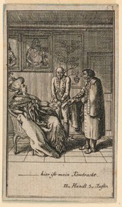 La vieille femme engage un homme, Illustration de la pièce "Nicht mehr als sachs Schuesseln" par Fredrich Wilhelm Grossman dans "Königl: Grosbrit [anische] Genealogischer Kalender auf das 1782 Jahr Lauenberg bey J.G. Berenberg" - Daniel Nikolaus Chodowiecki