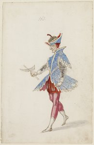 Figure masculine en costume bleu et rouge du Ballet des quatre saisons de l