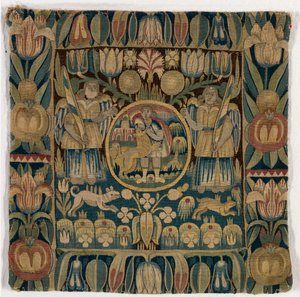 Coussin de tapisserie représentant Samson tuant le lion, fabriqué au Schleswig-Holstein, Danemark, vers 1615
